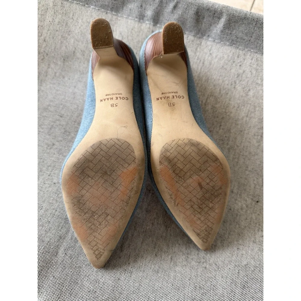 Cole Haan Women's Blue Denim Pointed Toe Block Heel Slip-On Pumps
